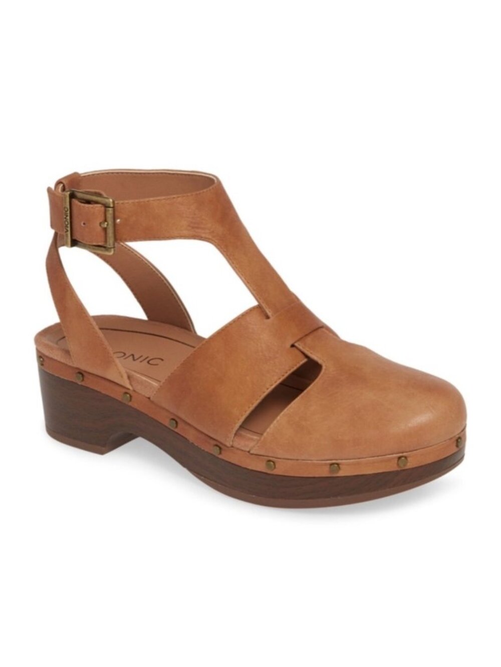 Vionic Faye Leather Ankle Straps Clogs Womens 8 Studded Mary Jane Platform Comfy